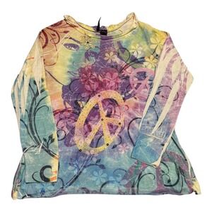 Vintage New Directions Multicolor Peace Sign Hippie‎ Long Sleeve Shirt Women's L